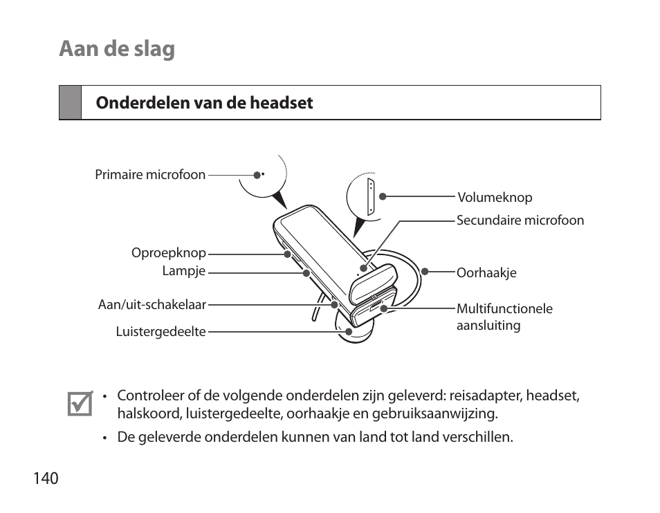 Aan de slag, Onderdelen van de headset | Samsung HM3700 User Manual | Page 142 / 173