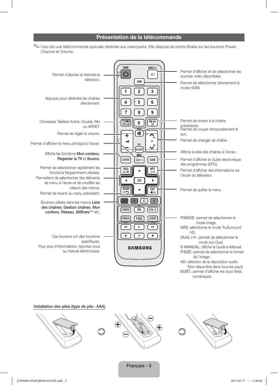 Présentation de la télécommande | Samsung UE37D5000PW User Manual | Page 23 / 73