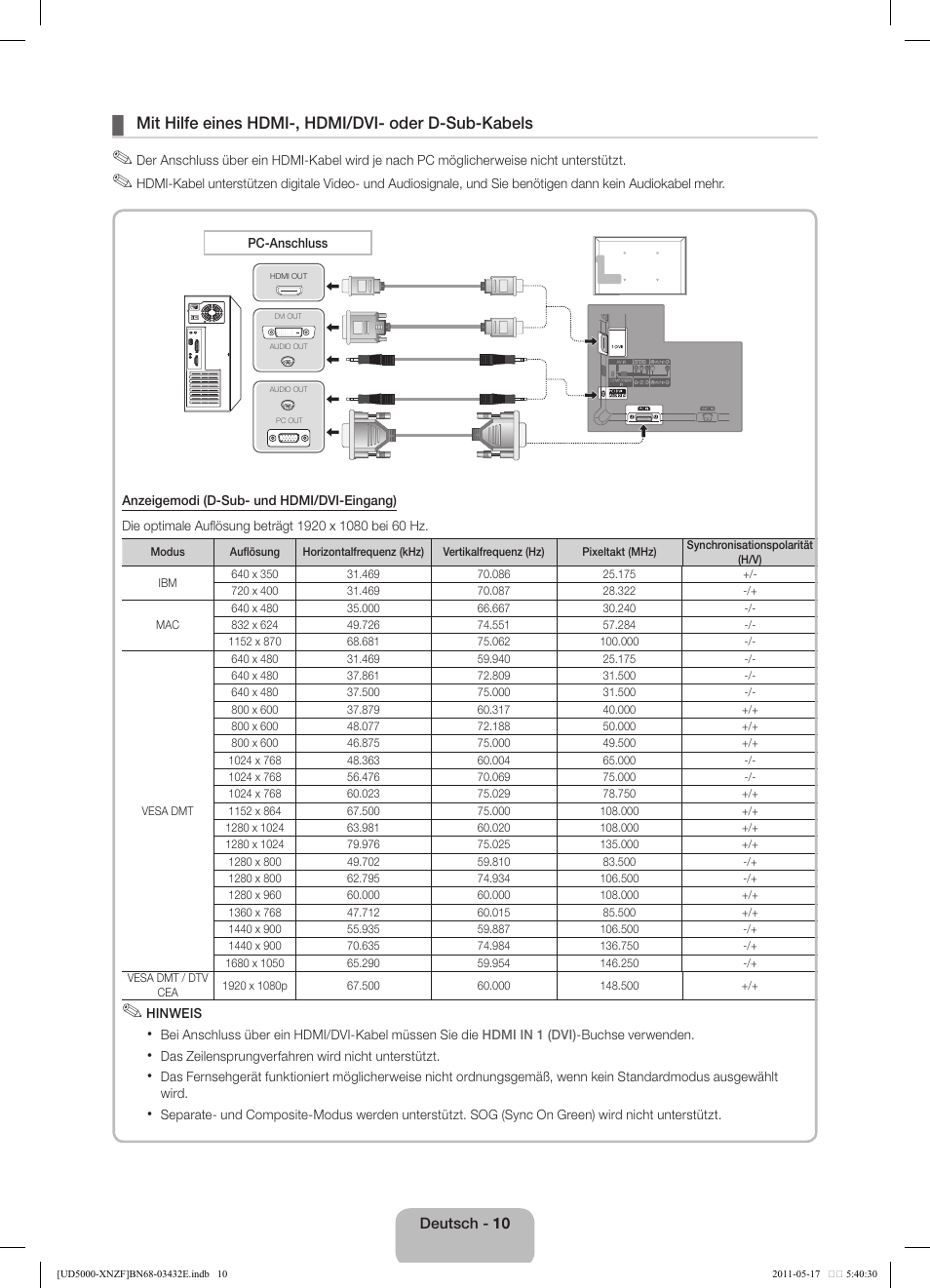 Mit hilfe eines hdmi-, hdmi/dvi- oder d-sub-kabels | Samsung UE37D5000PW User Manual | Page 46 / 73