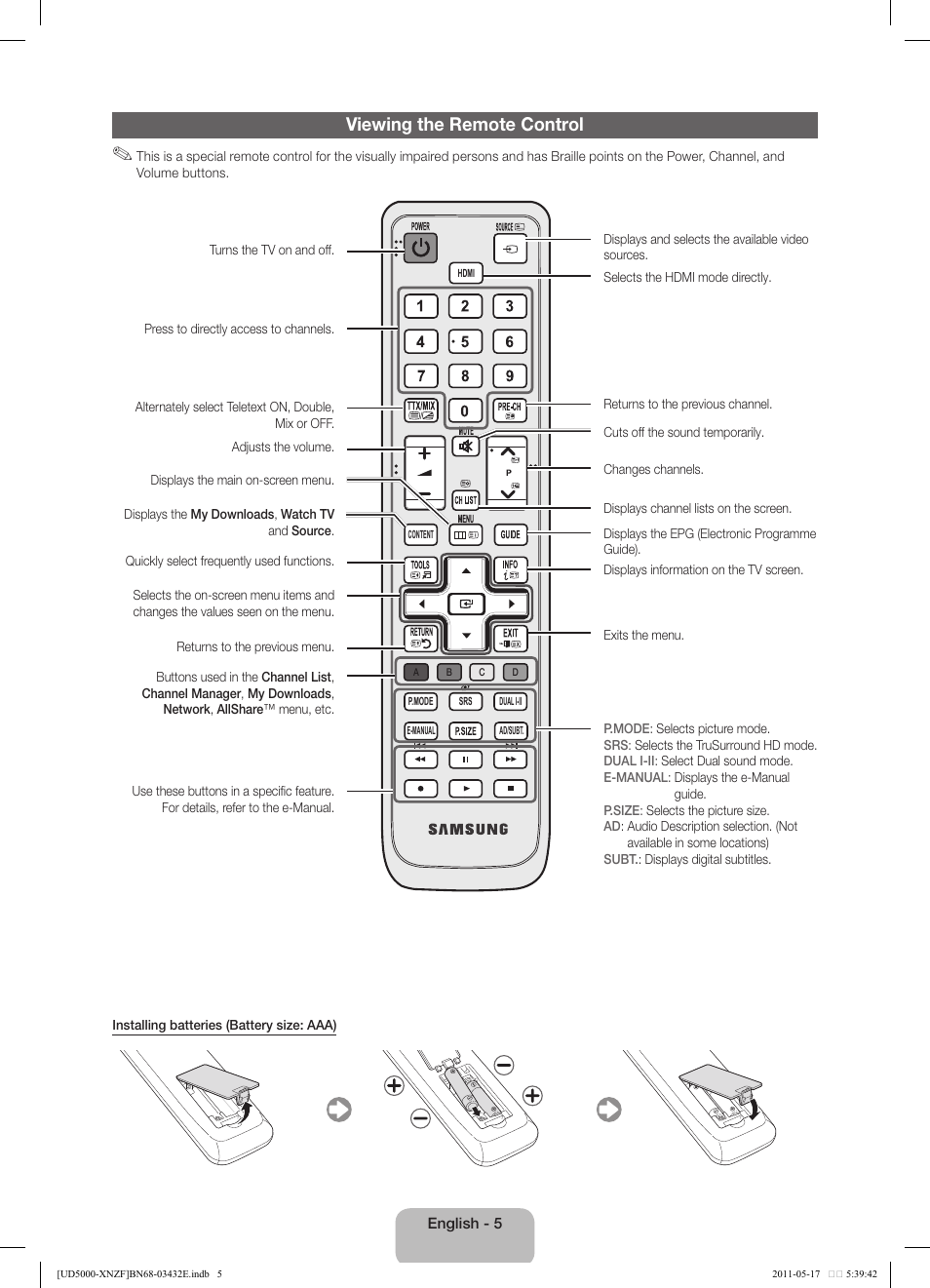 Viewing the remote control | Samsung UE37D5000PW User Manual | Page 5 / 73