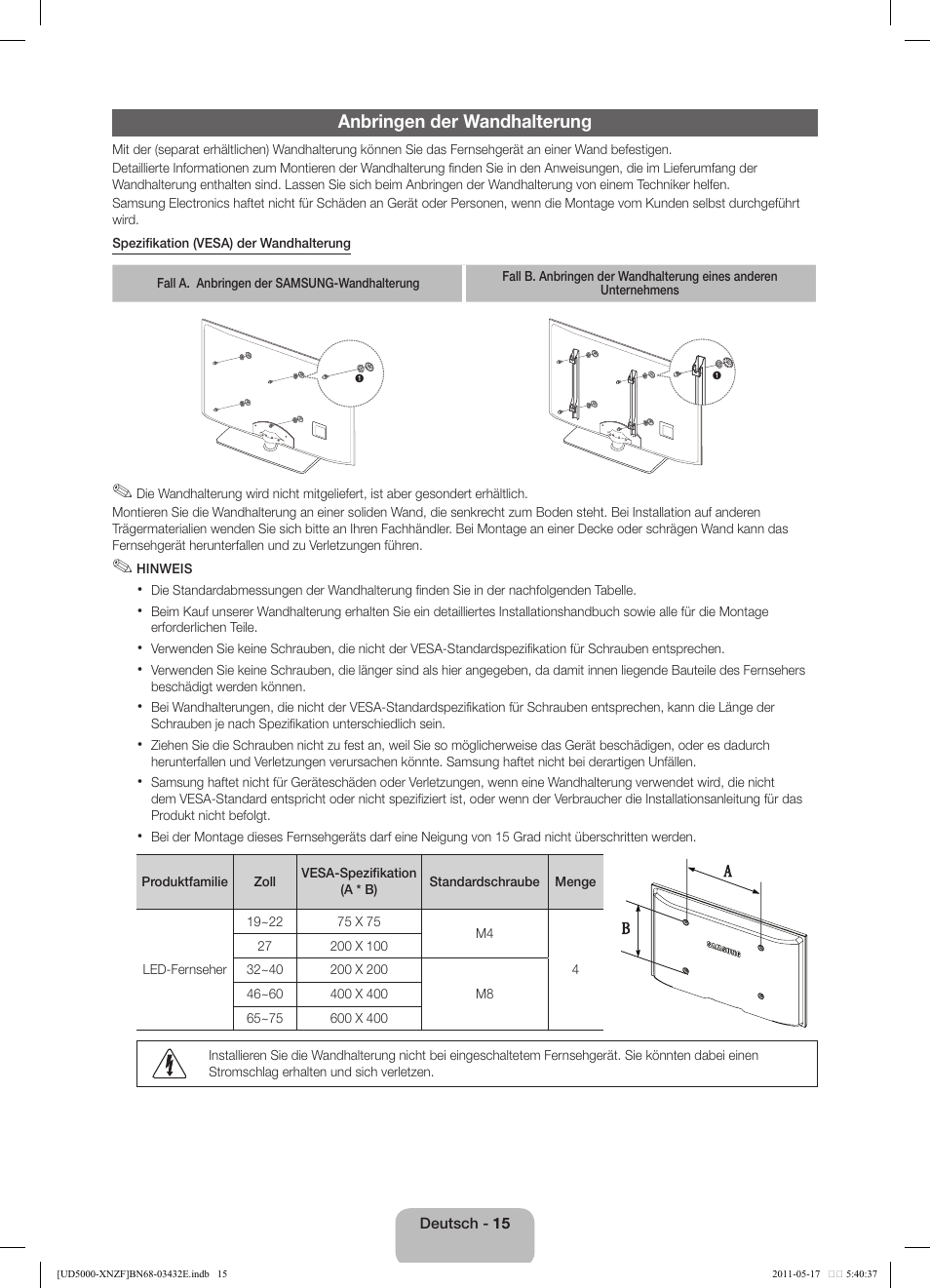 Anbringen der wandhalterung | Samsung UE37D5000PW User Manual | Page 51 / 73