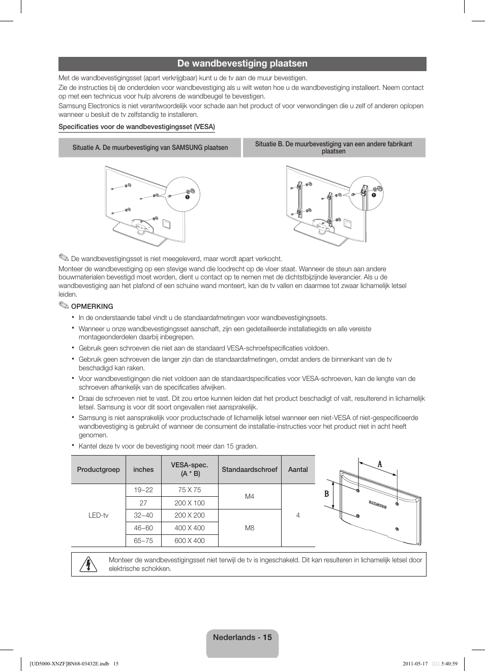 De wandbevestiging plaatsen | Samsung UE37D5000PW User Manual | Page 69 / 73