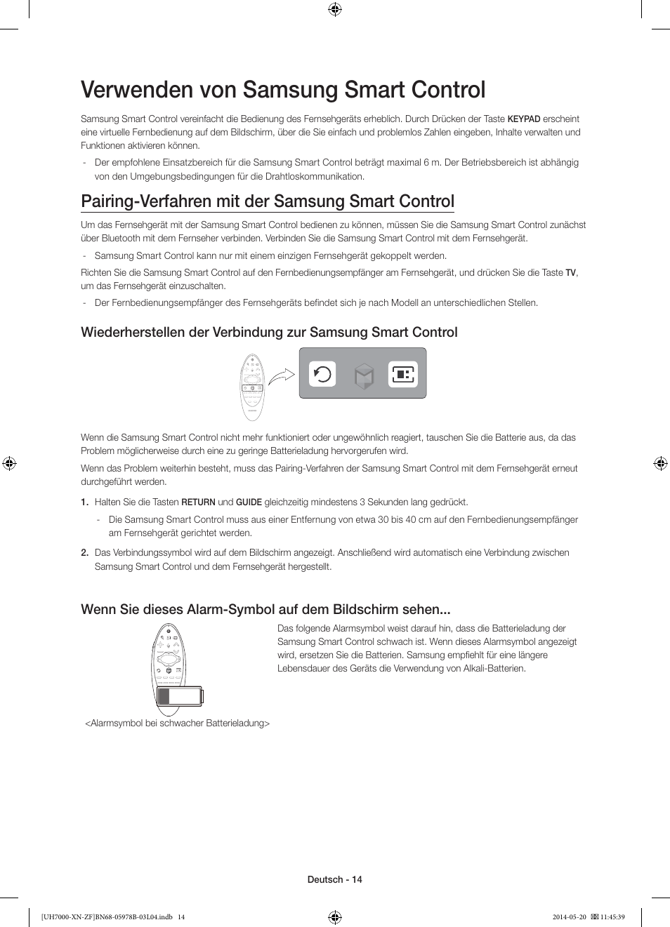 Verwenden von samsung smart control, Pairing-verfahren mit der samsung smart control | Samsung UE60H7000SL User Manual | Page 58 / 89