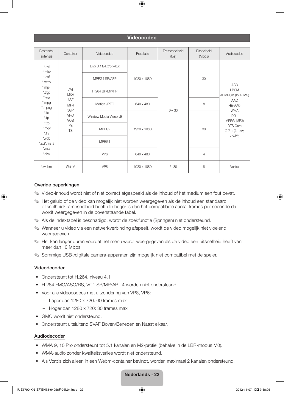 Videocodec | Samsung UE32ES5700S User Manual | Page 88 / 90