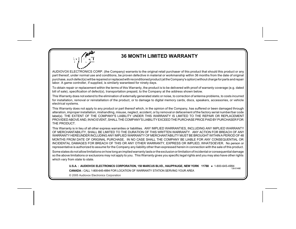 36 month limited warranty | Audiovox VOD1023 S User Manual | Page 36 / 37