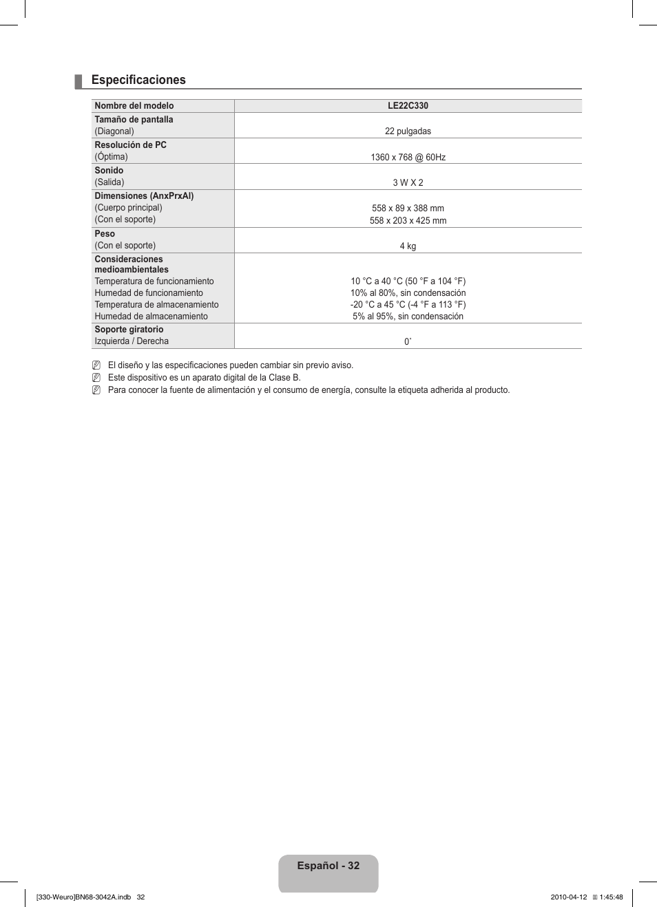 Especificaciones | Samsung LE22C330F2W User Manual | Page 102 / 212