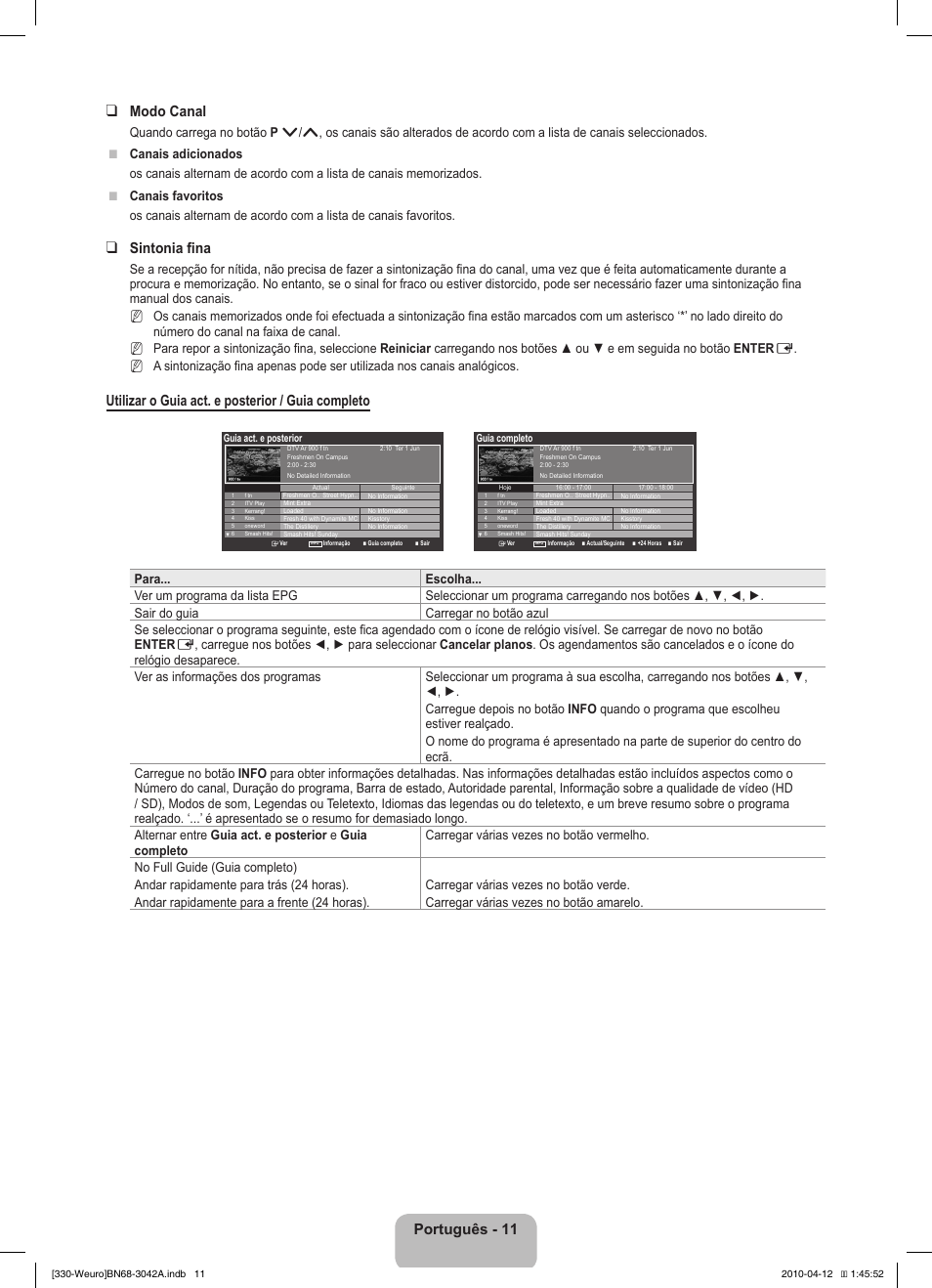 Português - 11 modo canal, Sintonia fina, Utilizar o guia act. e posterior / guia completo | Samsung LE22C330F2W User Manual | Page 115 / 212