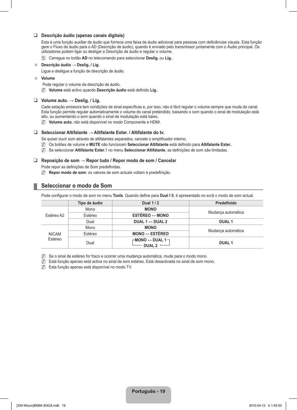Seleccionar o modo de som | Samsung LE22C330F2W User Manual | Page 123 / 212