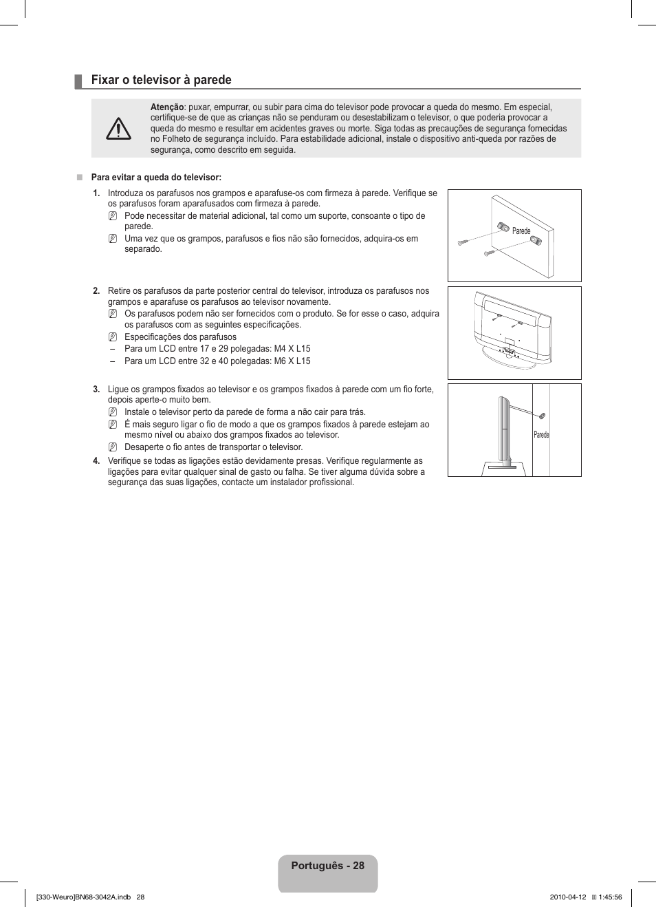 Fixar o televisor à parede | Samsung LE22C330F2W User Manual | Page 132 / 212