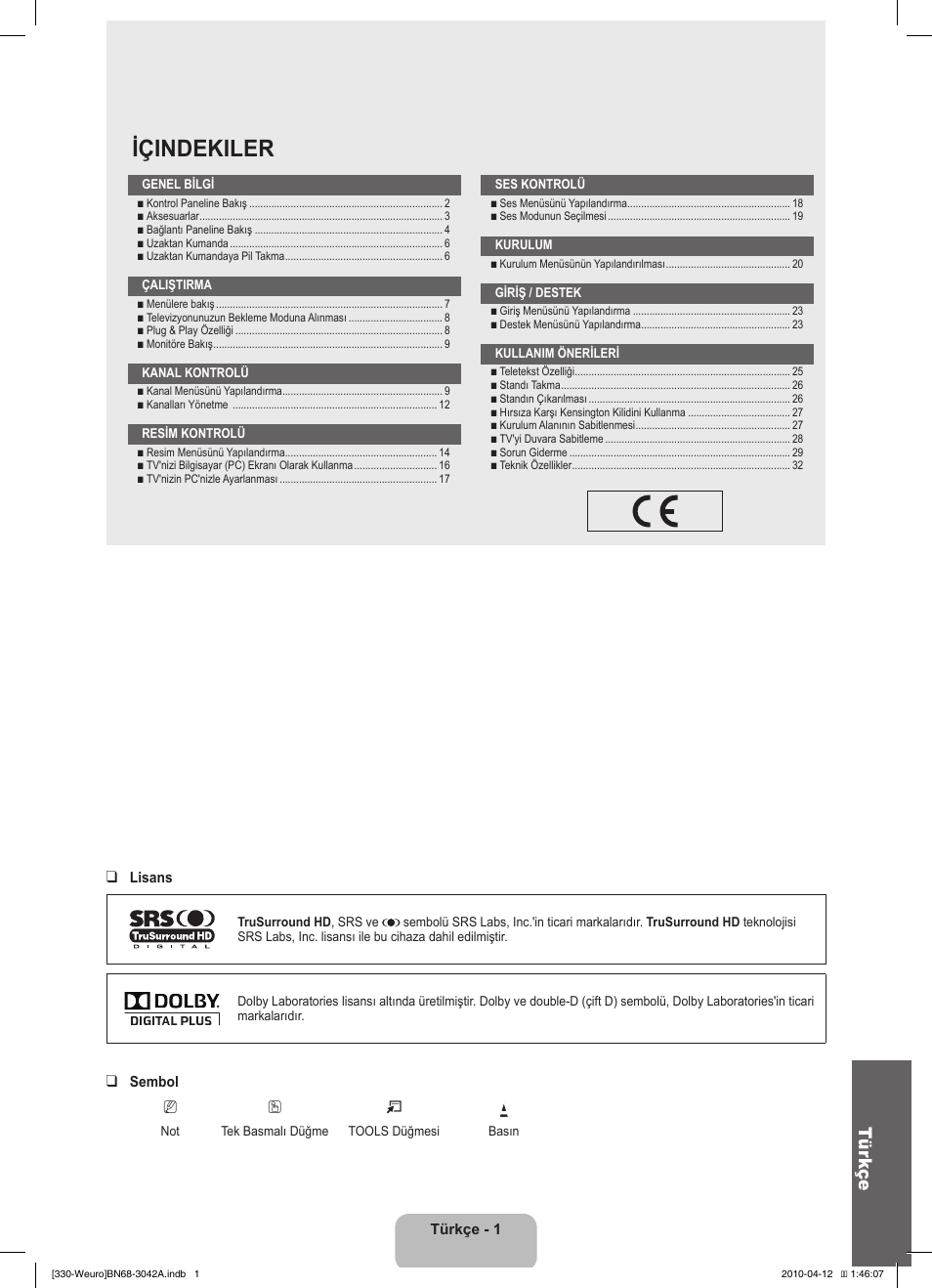 Içindekiler, Tür kçe | Samsung LE22C330F2W User Manual | Page 173 / 212