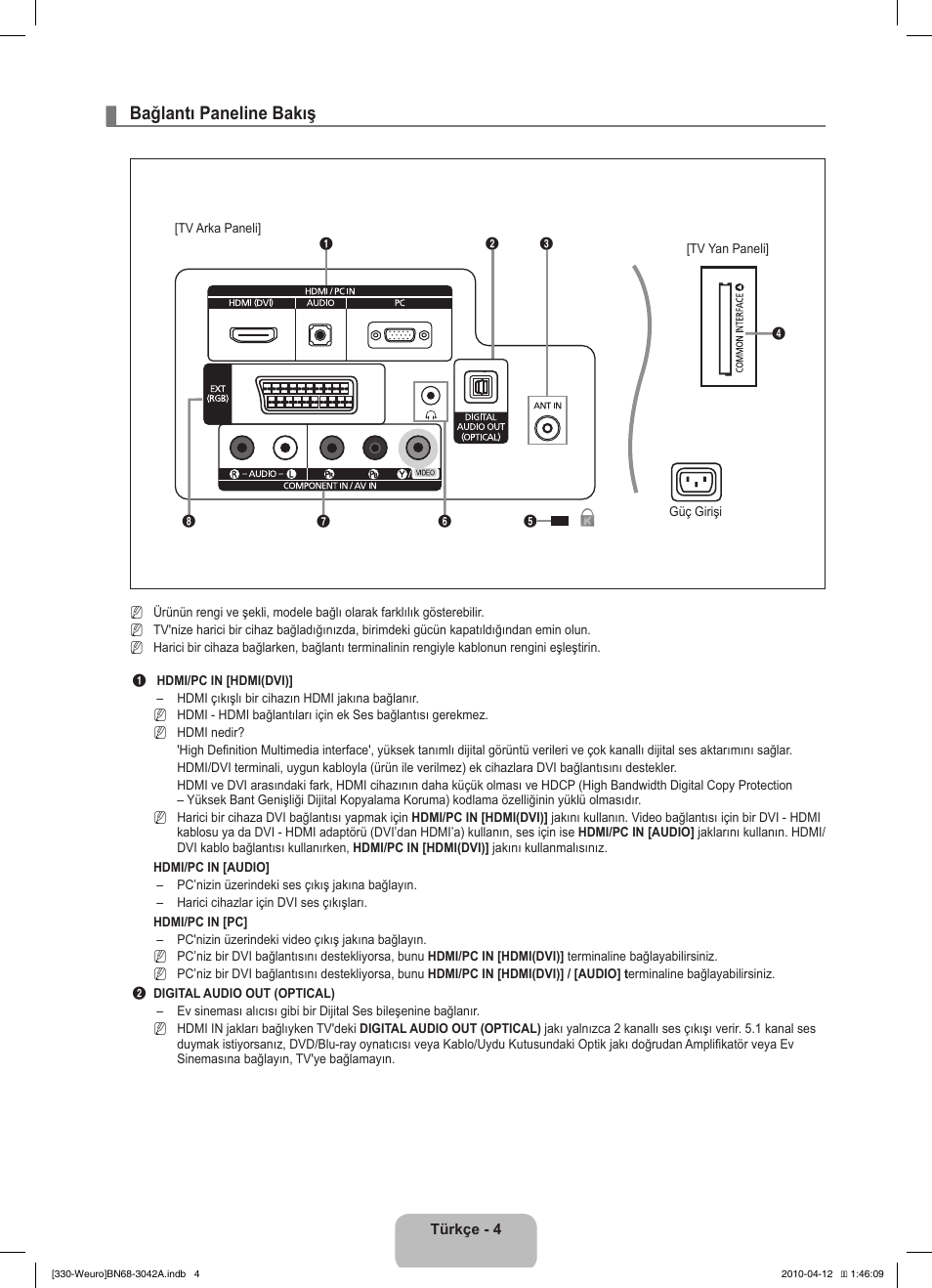 Bağlantı paneline bakış | Samsung LE22C330F2W User Manual | Page 176 / 212
