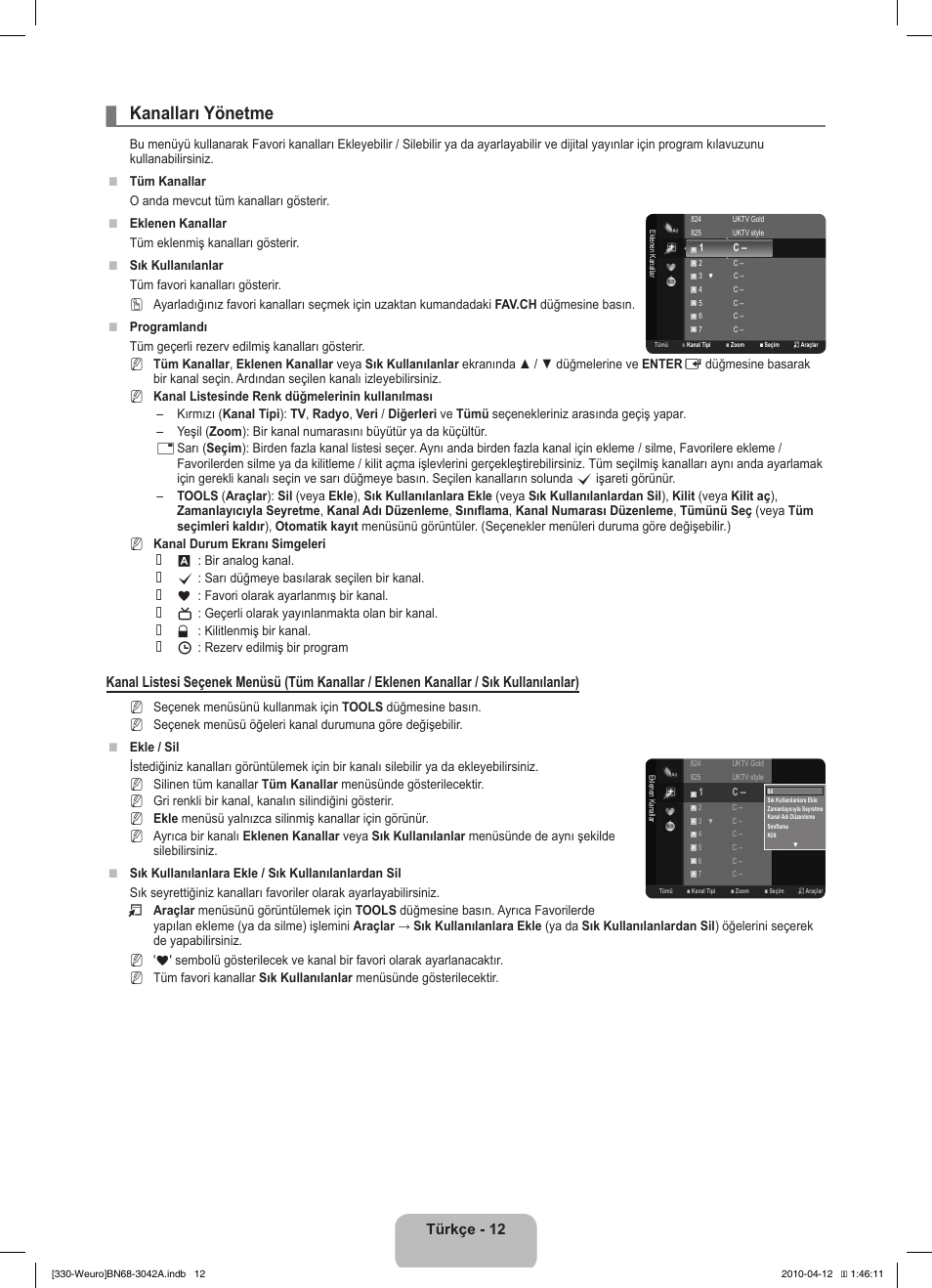 Kanalları yönetme, Türkçe - 12 | Samsung LE22C330F2W User Manual | Page 184 / 212