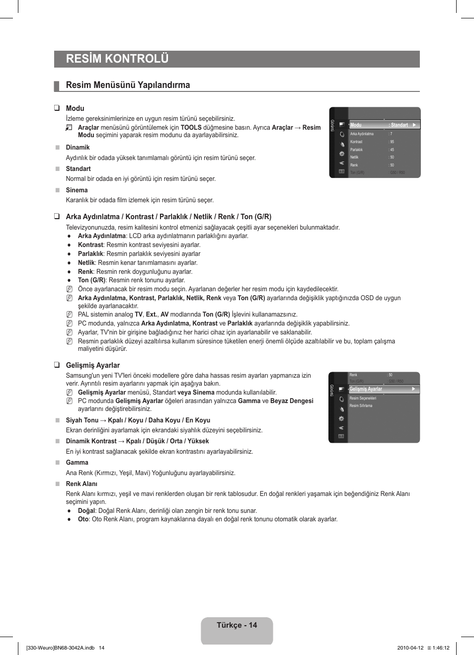 Resim kontrolü, Resim menüsünü yapılandırma | Samsung LE22C330F2W User Manual | Page 186 / 212