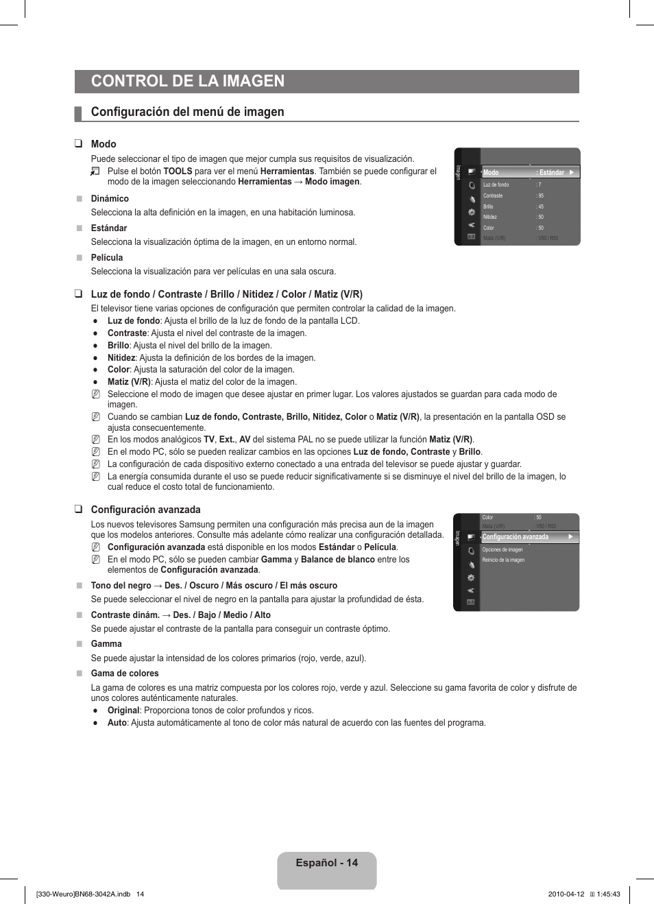 Control de la imagen, Configuración del menú de imagen | Samsung LE22C330F2W User Manual | Page 84 / 212