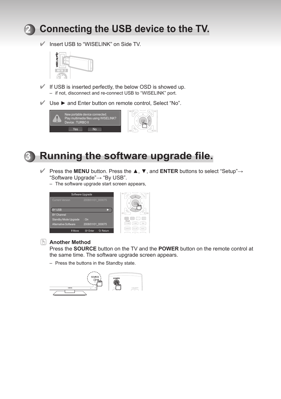 2connecting the usb device to the tv, 3running the software upgrade ﬁ le | Samsung LE26A466C2M User Manual | Page 3 / 5