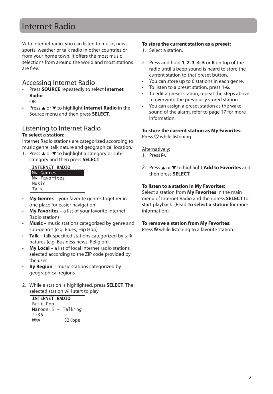 Internet radio, Accessing internet radio, Listening to internet radio | Audiovox RCA RIR200 User Manual | Page 21 / 36