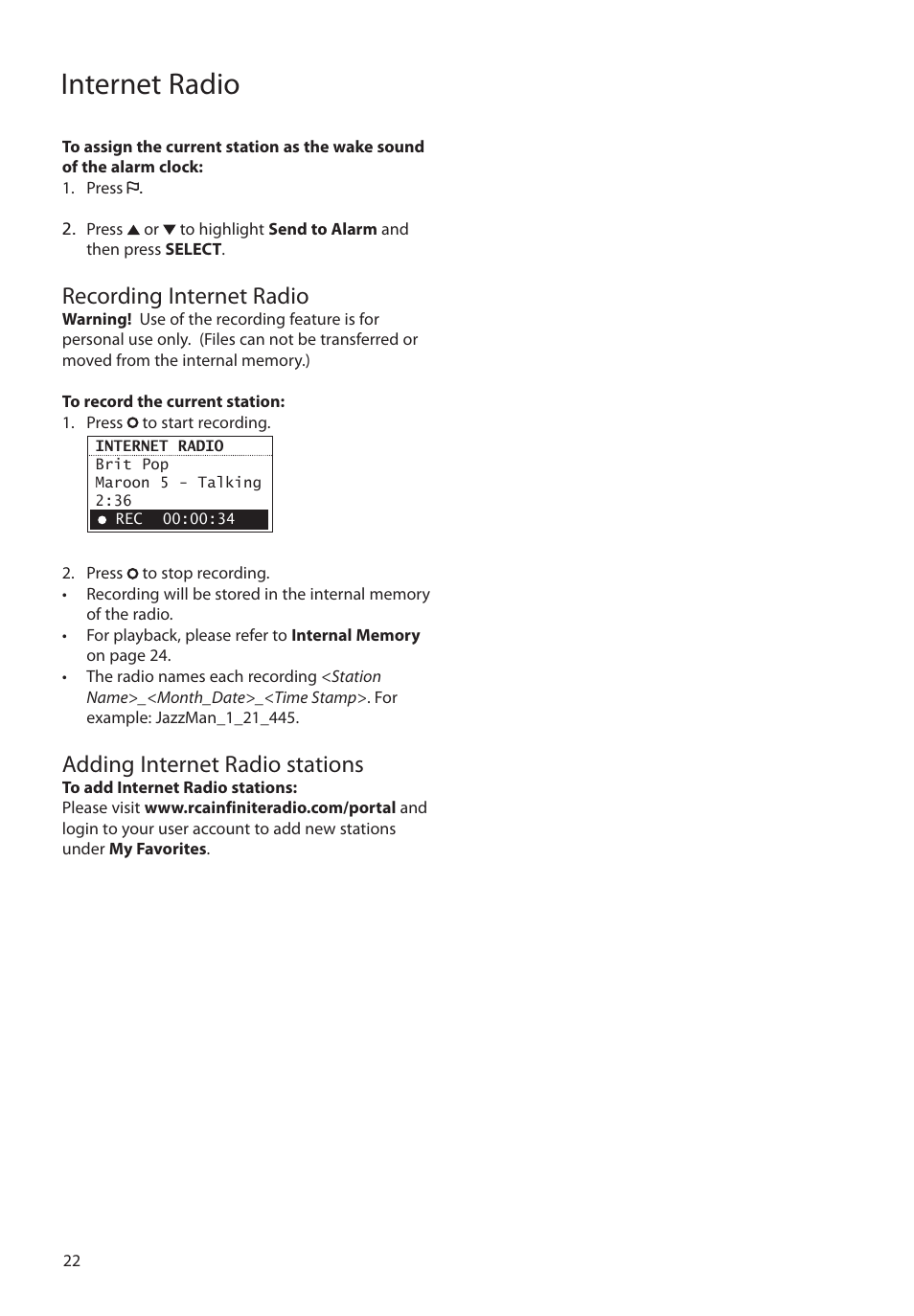 Recording internet ra, Internet radio, Recording internet radio | Adding internet radio stations | Audiovox RCA RIR200 User Manual | Page 22 / 36