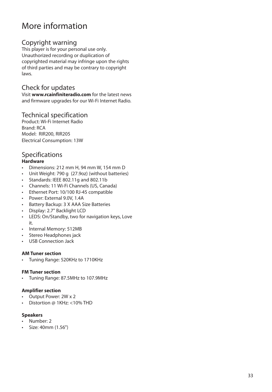 Copyright warning, Check for updates, Technical specification | More information, Specifications | Audiovox RCA RIR200 User Manual | Page 33 / 36