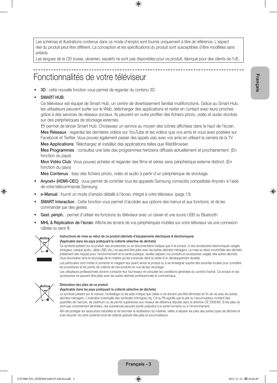 Fonctionnalités de votre téléviseur | Samsung UE46F7000SL User Manual | Page 27 / 97