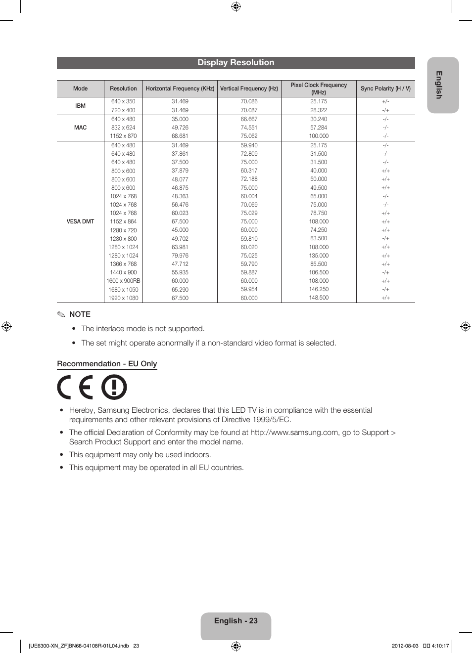 Display resolution | Samsung UE32ES6300S User Manual | Page 23 / 90