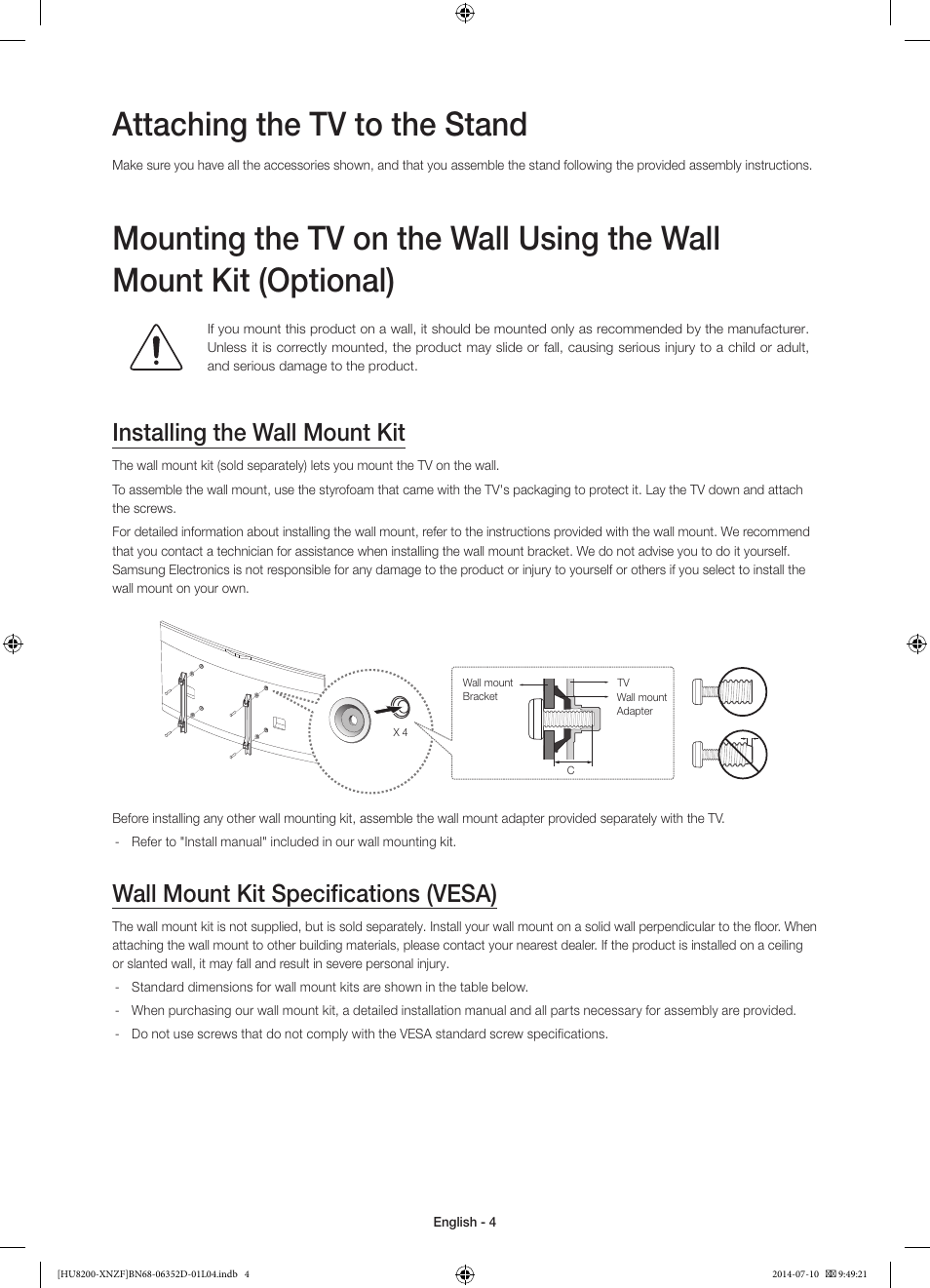 Attaching the tv to the stand, Installing the wall mount kit, Wall mount kit specifications (vesa) | Samsung UE55HU8200L User Manual | Page 4 / 97