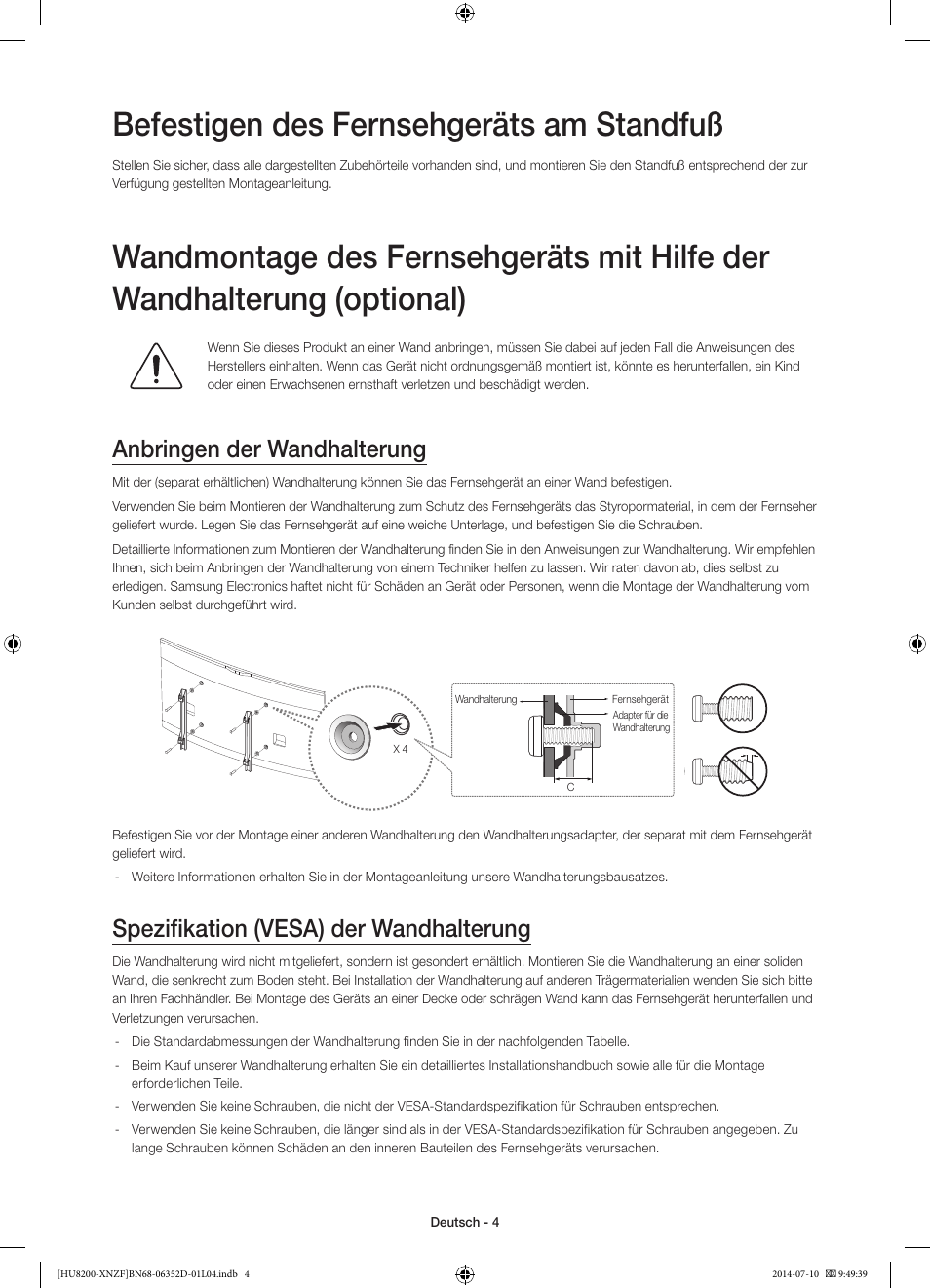 Befestigen des fernsehgeräts am standfuß, Anbringen der wandhalterung, Spezifikation (vesa) der wandhalterung | Samsung UE55HU8200L User Manual | Page 52 / 97
