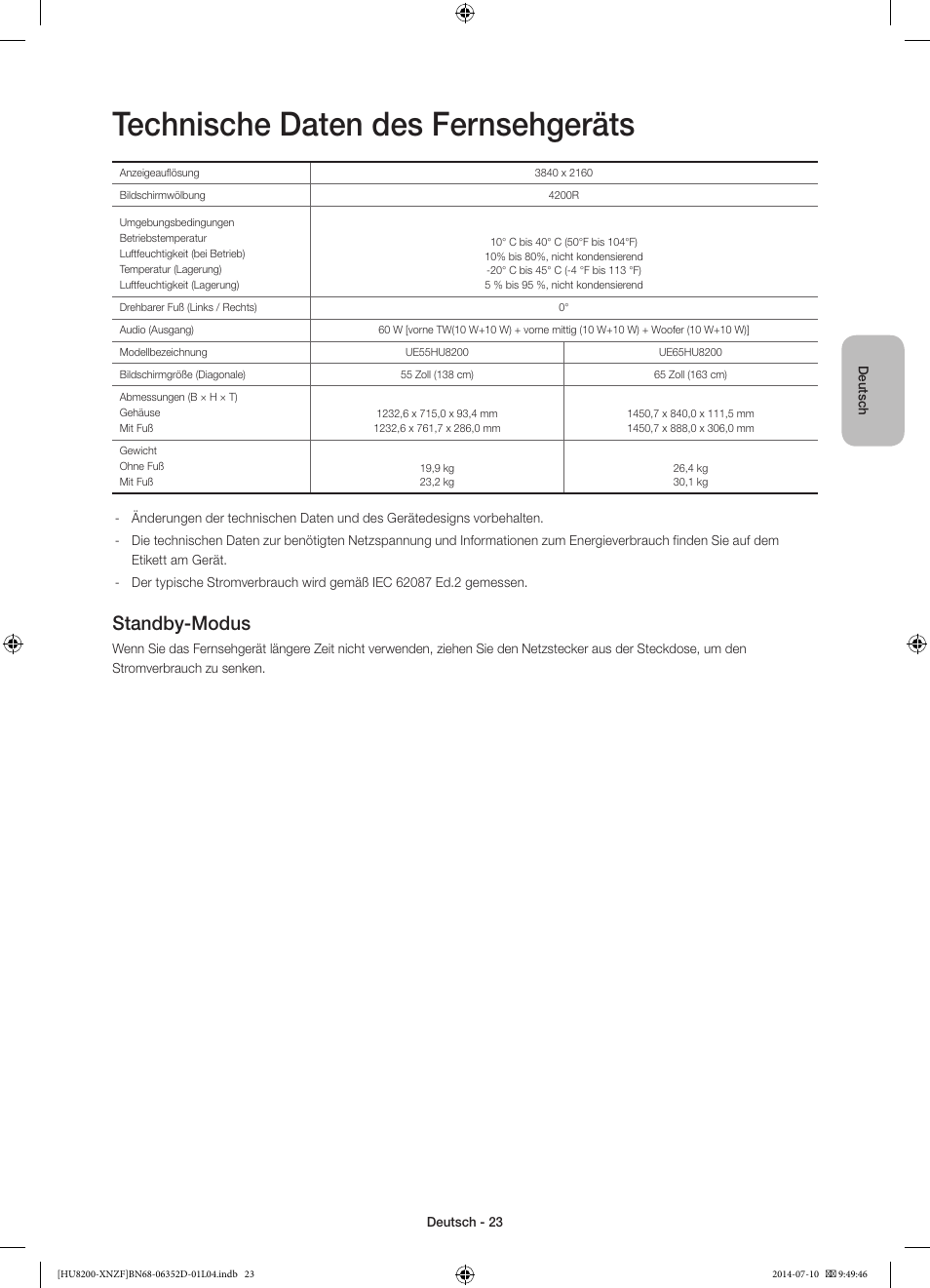Technische daten des fernsehgeräts, Standby-modus | Samsung UE55HU8200L User Manual | Page 71 / 97