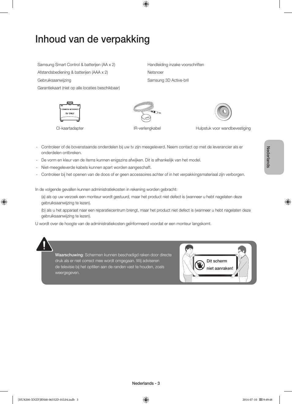 Inhoud van de verpakking | Samsung UE55HU8200L User Manual | Page 75 / 97