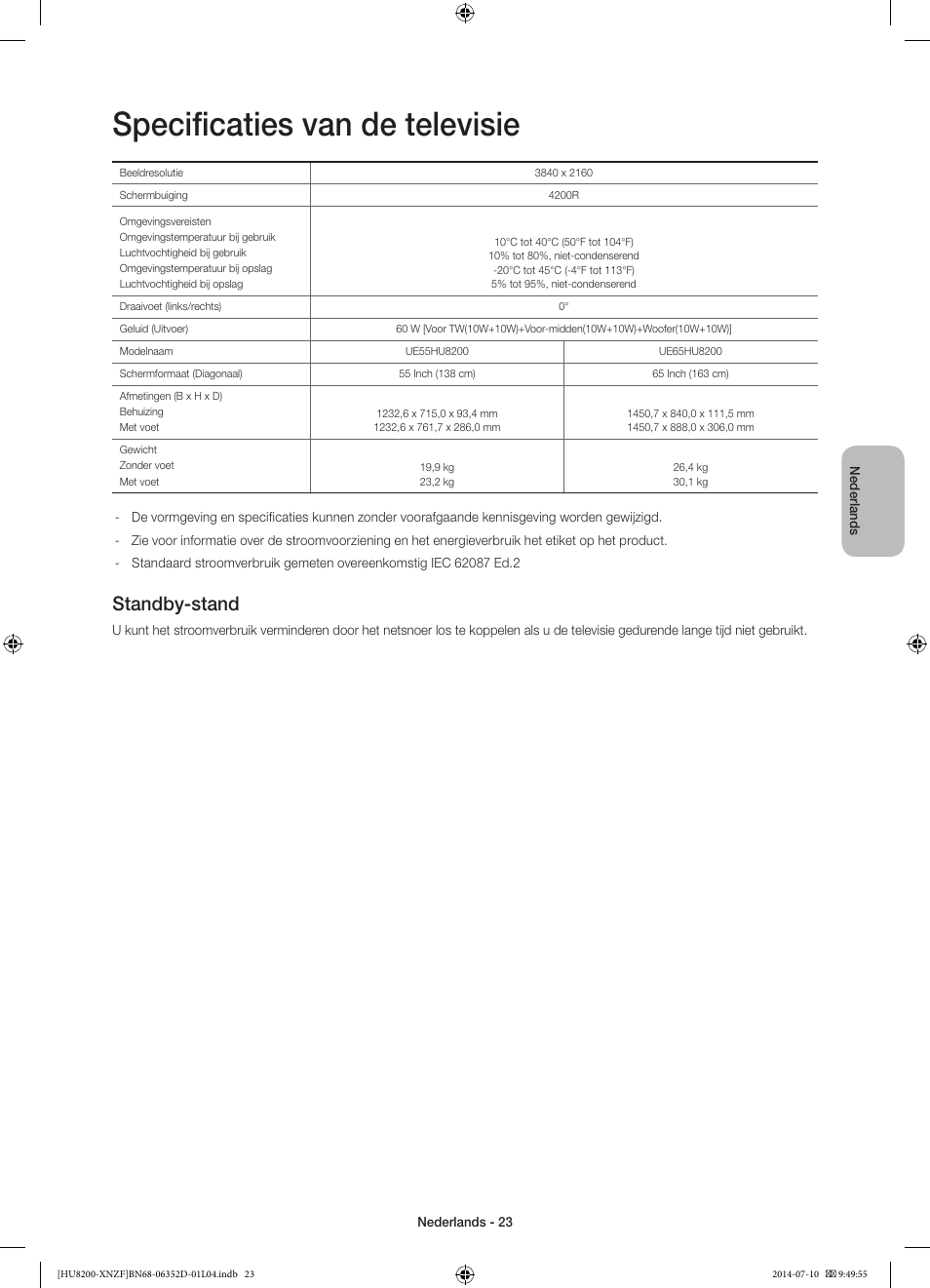 Specificaties van de televisie, Standby-stand | Samsung UE55HU8200L User Manual | Page 95 / 97