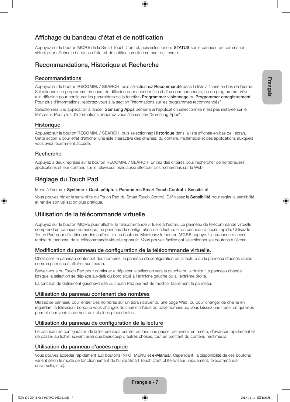 Affichage du bandeau d'état et de notification, Recommandations, historique et recherche, Réglage du touch pad | Utilisation de la télécommande virtuelle | Samsung UE46F6510SS User Manual | Page 31 / 97