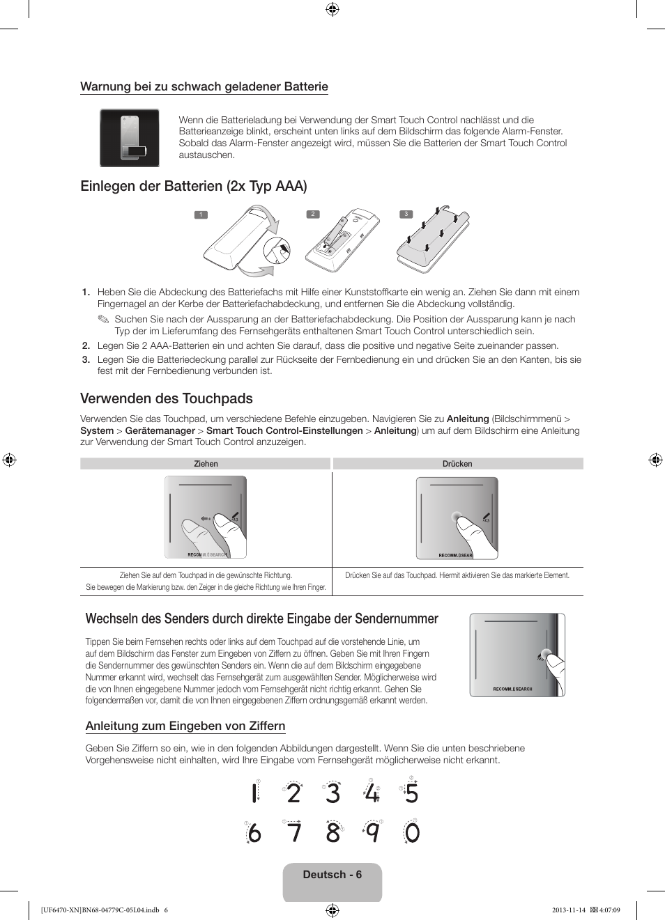 Einlegen der batterien (2x typ aaa), Verwenden des touchpads | Samsung UE46F6510SS User Manual | Page 54 / 97