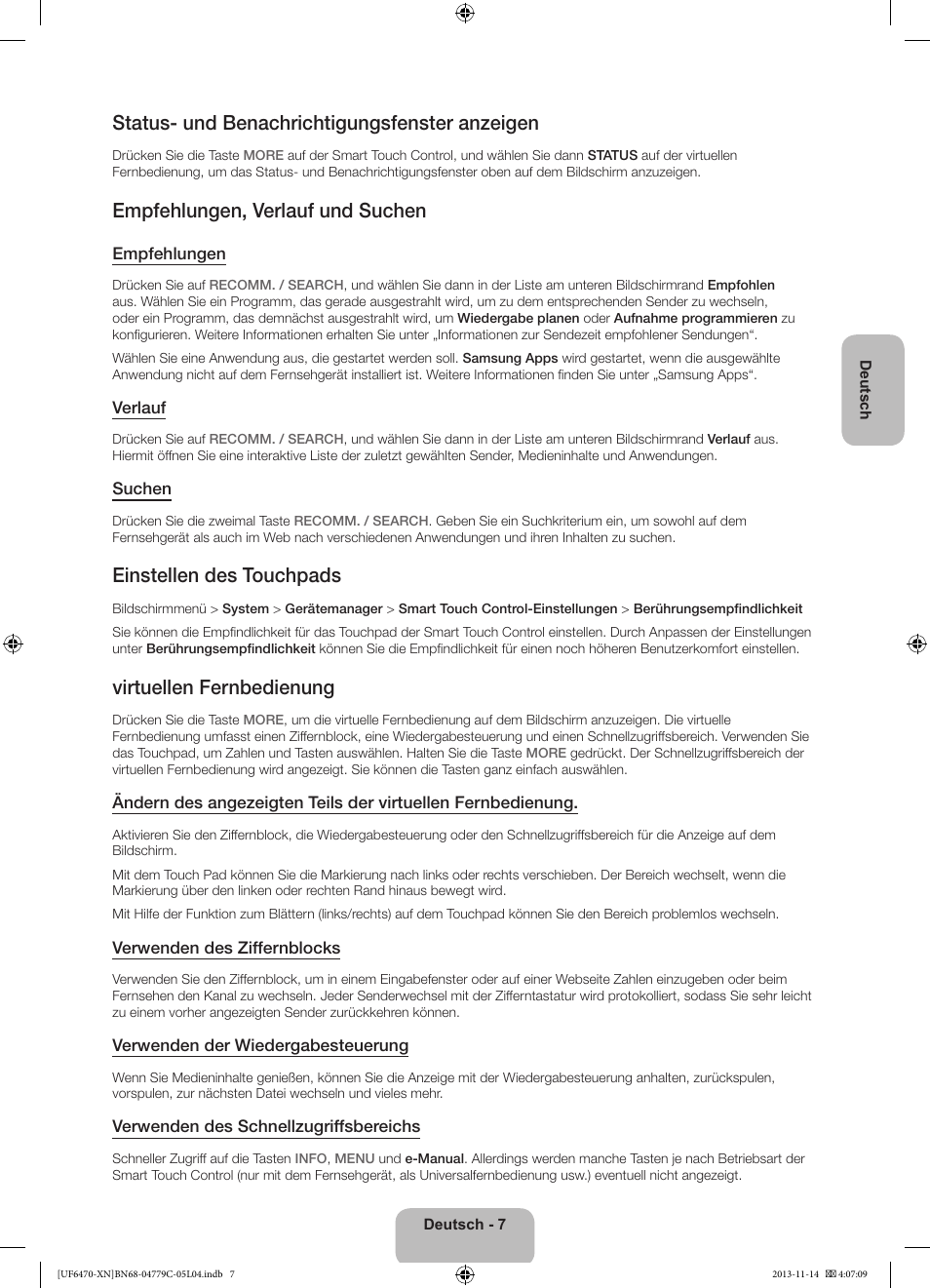 Status- und benachrichtigungsfenster anzeigen, Empfehlungen, verlauf und suchen, Einstellen des touchpads | Virtuellen fernbedienung | Samsung UE46F6510SS User Manual | Page 55 / 97