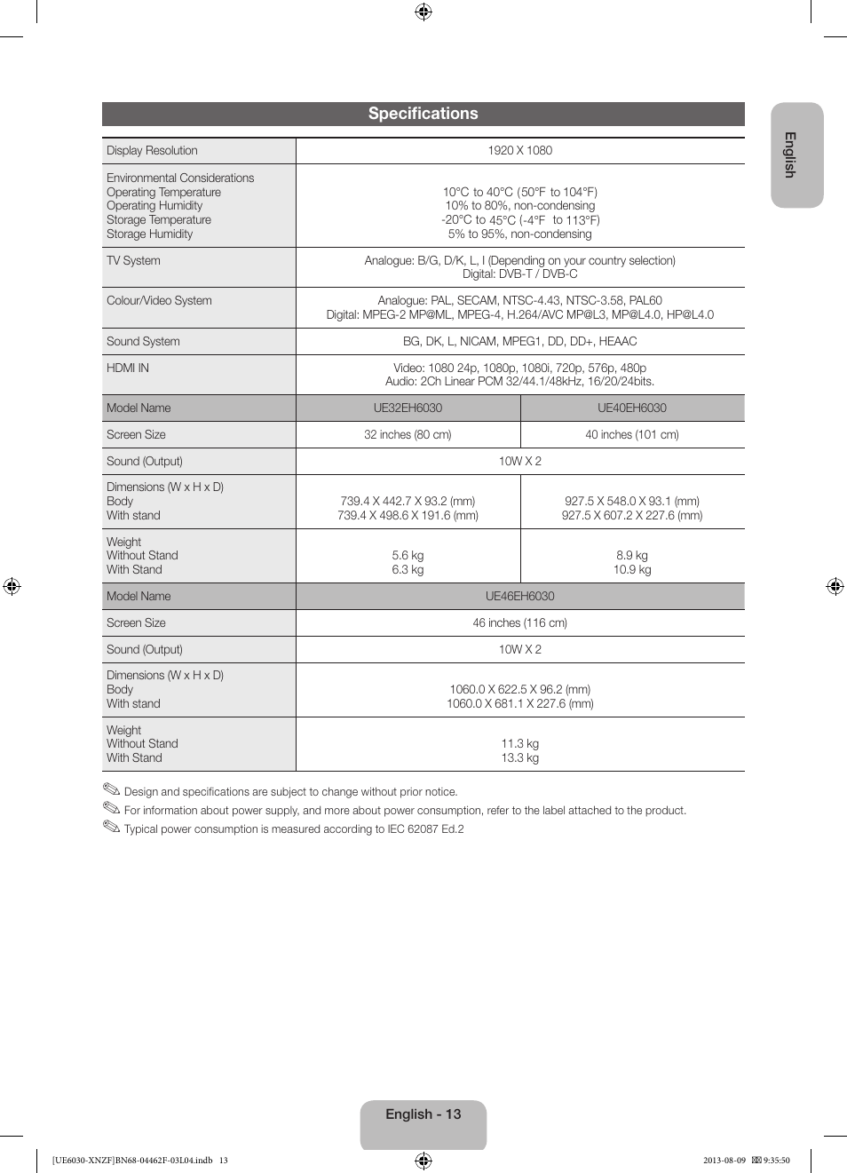 Specifications | Samsung UE40EH6030W User Manual | Page 13 / 57