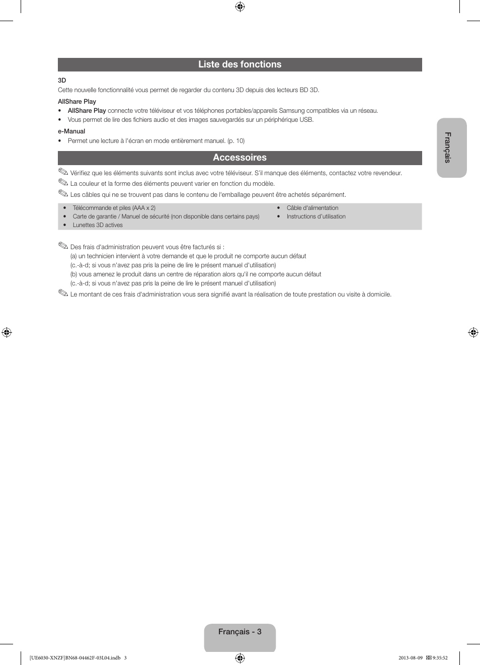 Liste des fonctions, Accessoires | Samsung UE40EH6030W User Manual | Page 17 / 57