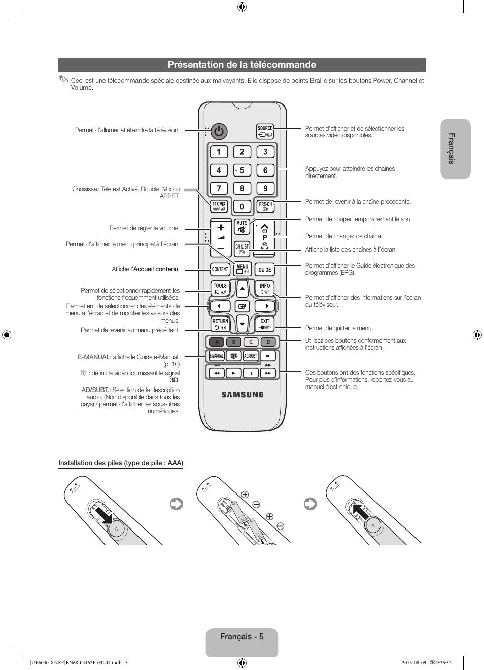 Présentation de la télécommande | Samsung UE40EH6030W User Manual | Page 19 / 57