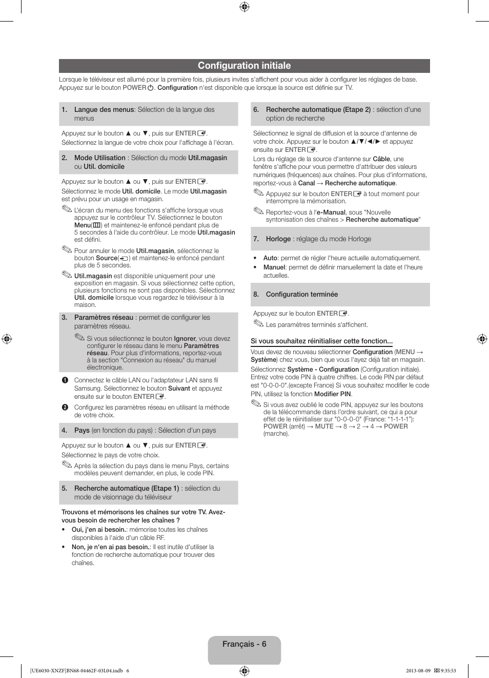 Configuration initiale | Samsung UE40EH6030W User Manual | Page 20 / 57