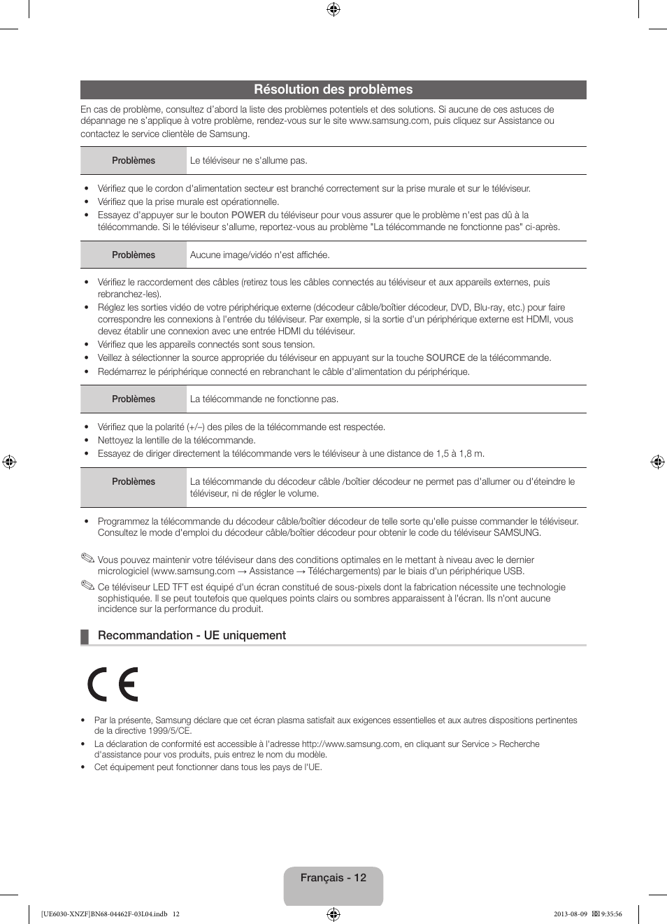 Résolution des problèmes | Samsung UE40EH6030W User Manual | Page 26 / 57