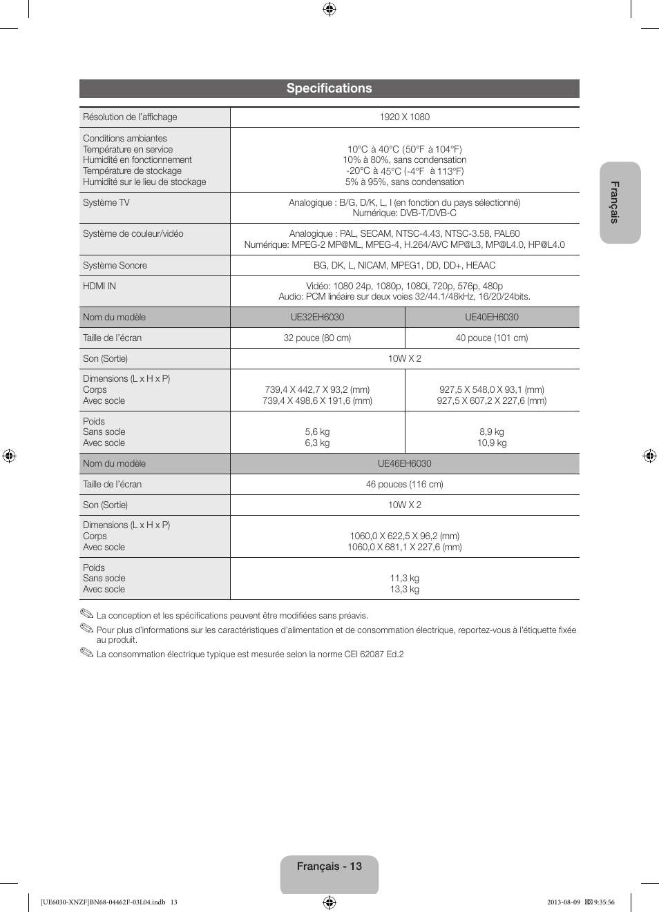 Specifications | Samsung UE40EH6030W User Manual | Page 27 / 57
