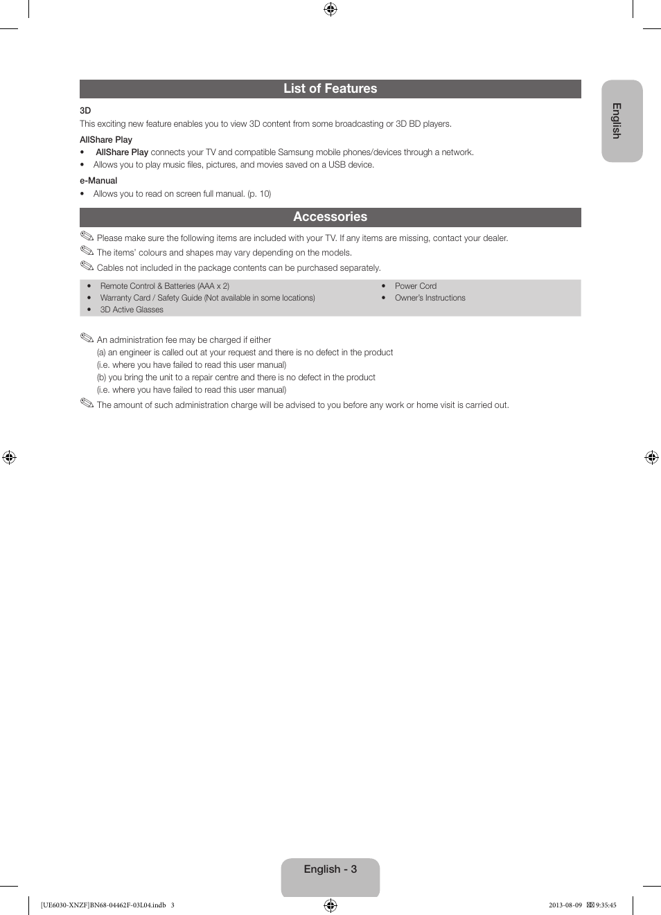 List of features, Accessories | Samsung UE40EH6030W User Manual | Page 3 / 57