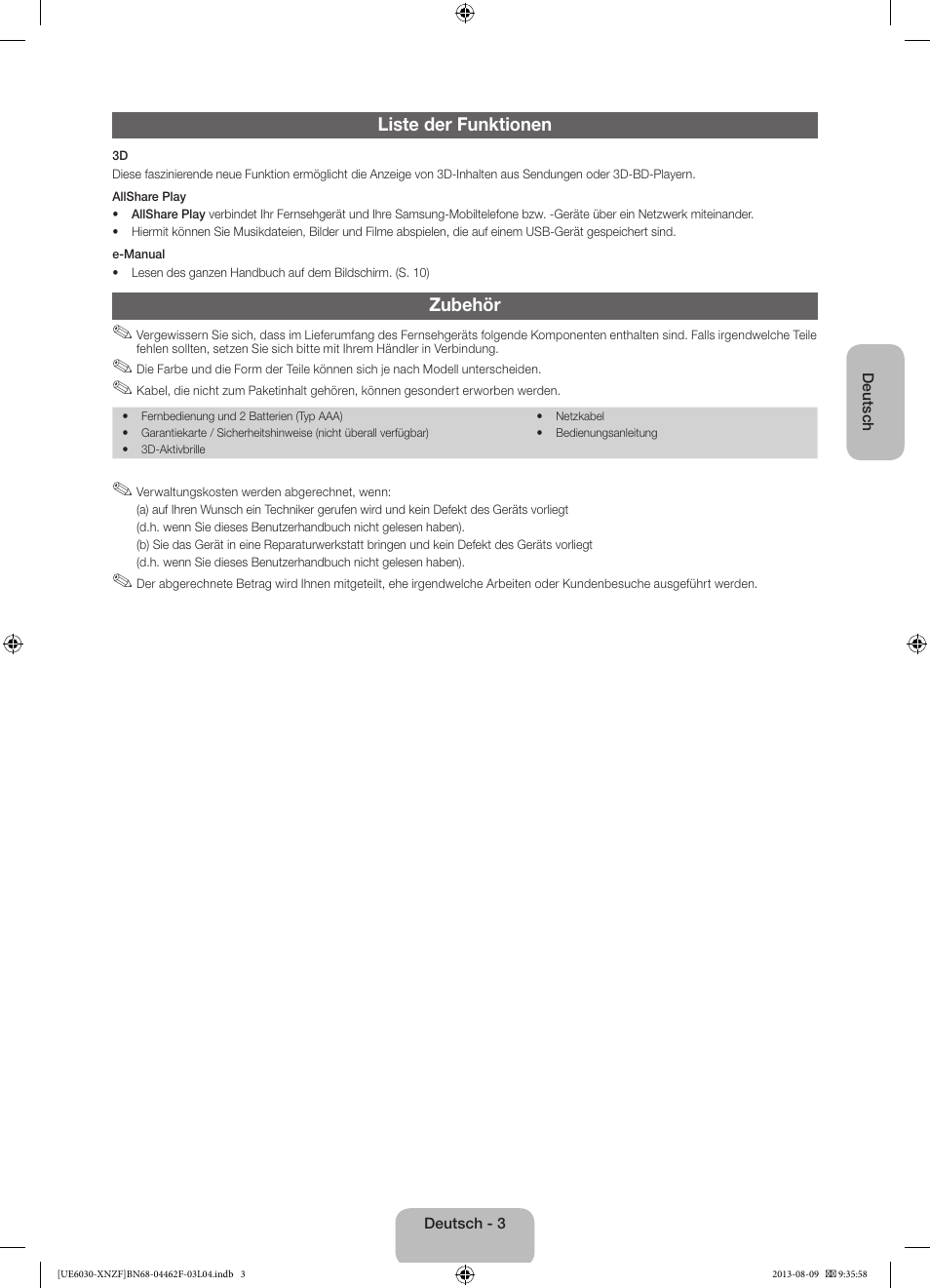Liste der funktionen, Zubehör | Samsung UE40EH6030W User Manual | Page 31 / 57