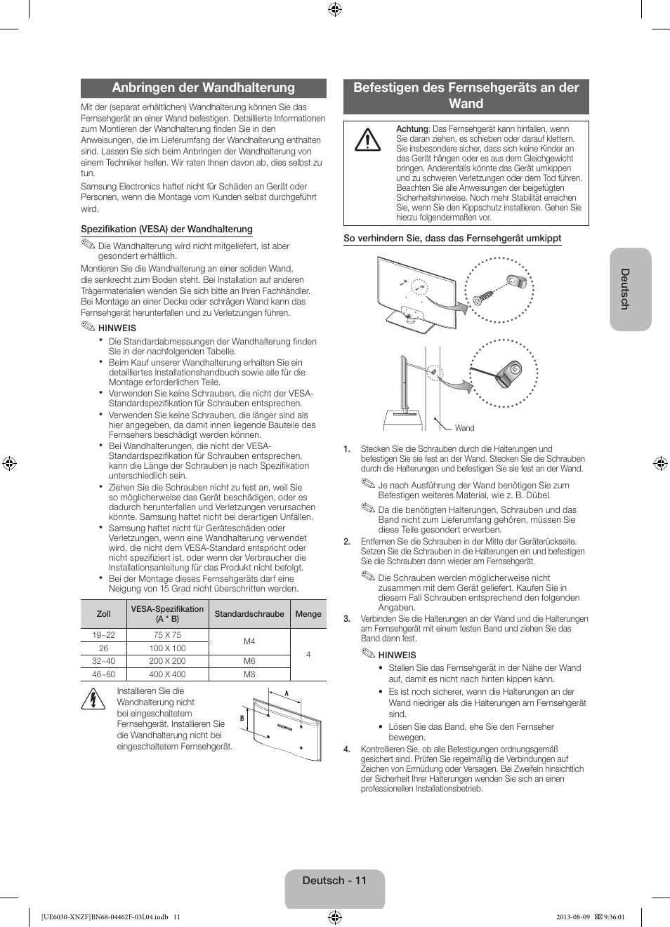 Anbringen der wandhalterung, Befestigen des fernsehgeräts an der wand | Samsung UE40EH6030W User Manual | Page 39 / 57