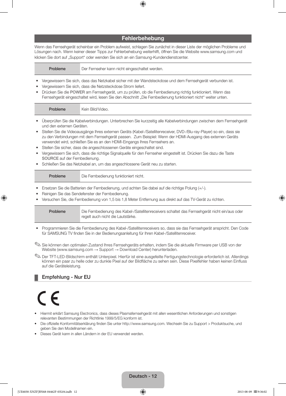 Fehlerbehebung | Samsung UE40EH6030W User Manual | Page 40 / 57