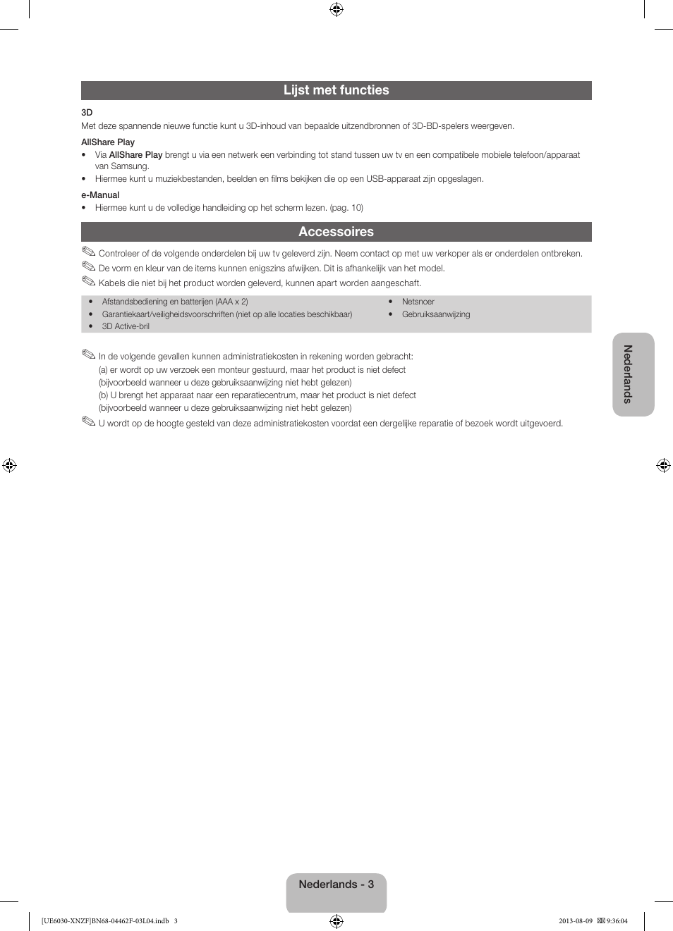 Lijst met functies, Accessoires | Samsung UE40EH6030W User Manual | Page 45 / 57