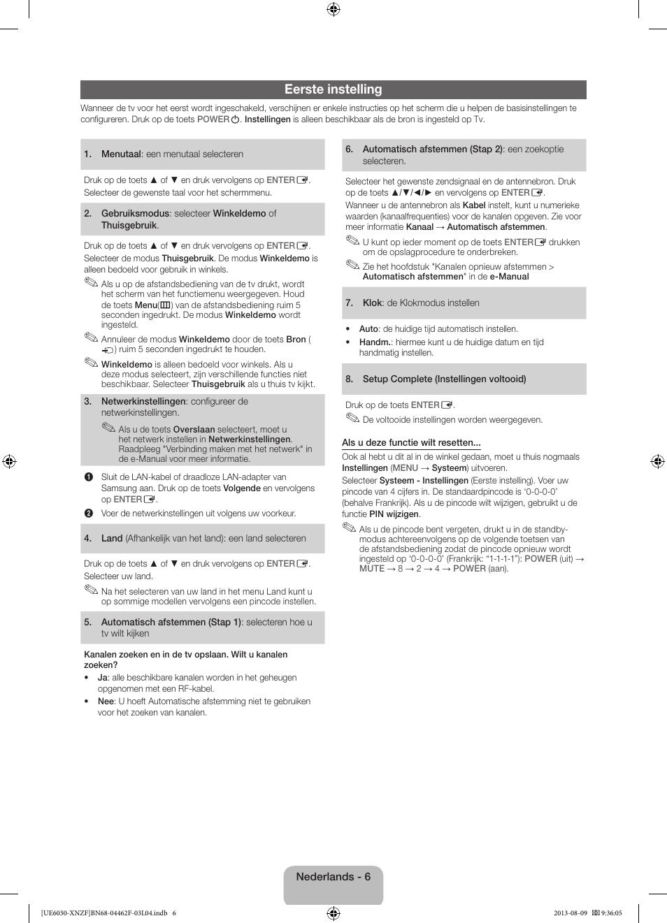 Eerste instelling | Samsung UE40EH6030W User Manual | Page 48 / 57