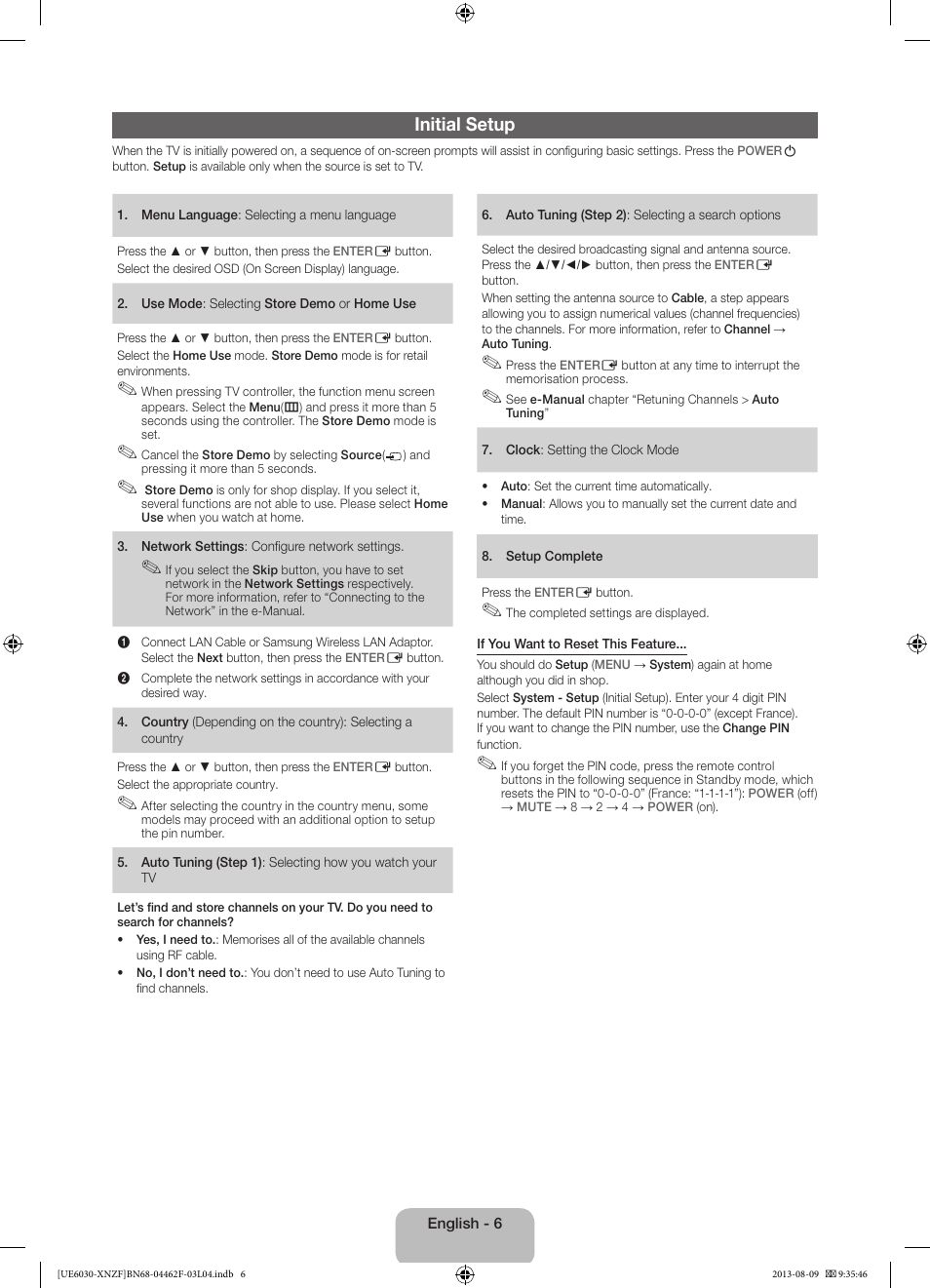 Initial setup | Samsung UE40EH6030W User Manual | Page 6 / 57