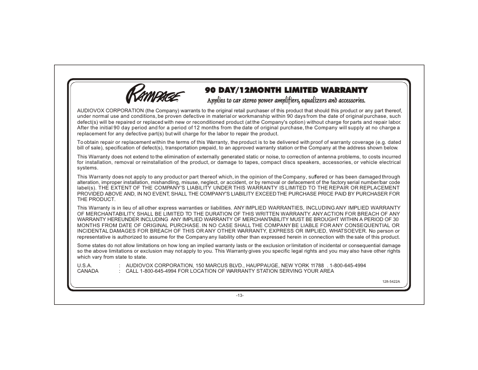 90 day/12month limited warranty | Audiovox AXT-800 User Manual | Page 13 / 15