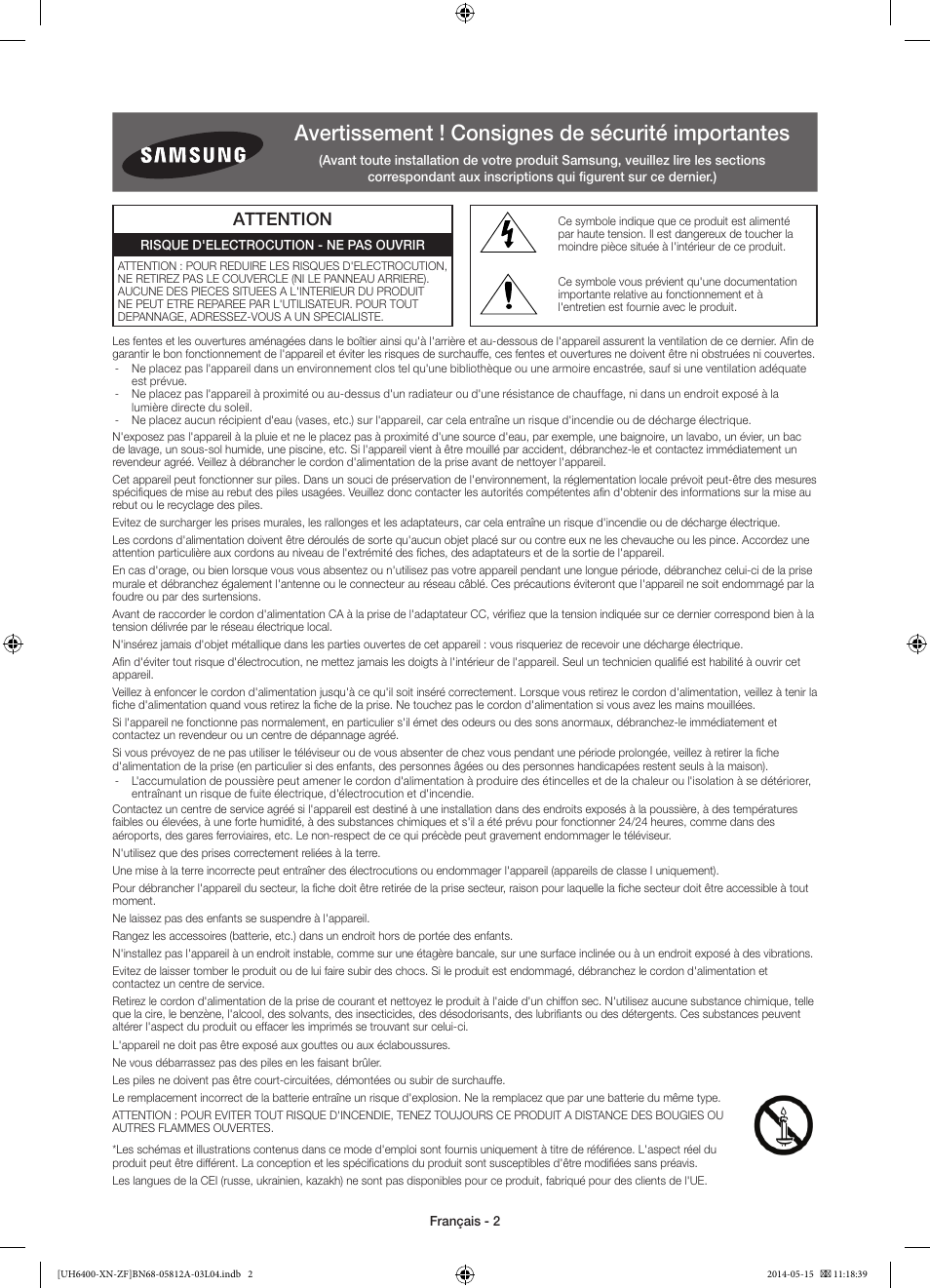 Avertissement ! consignes de sécurité importantes, Attention | Samsung UE65H6400AW User Manual | Page 24 / 89