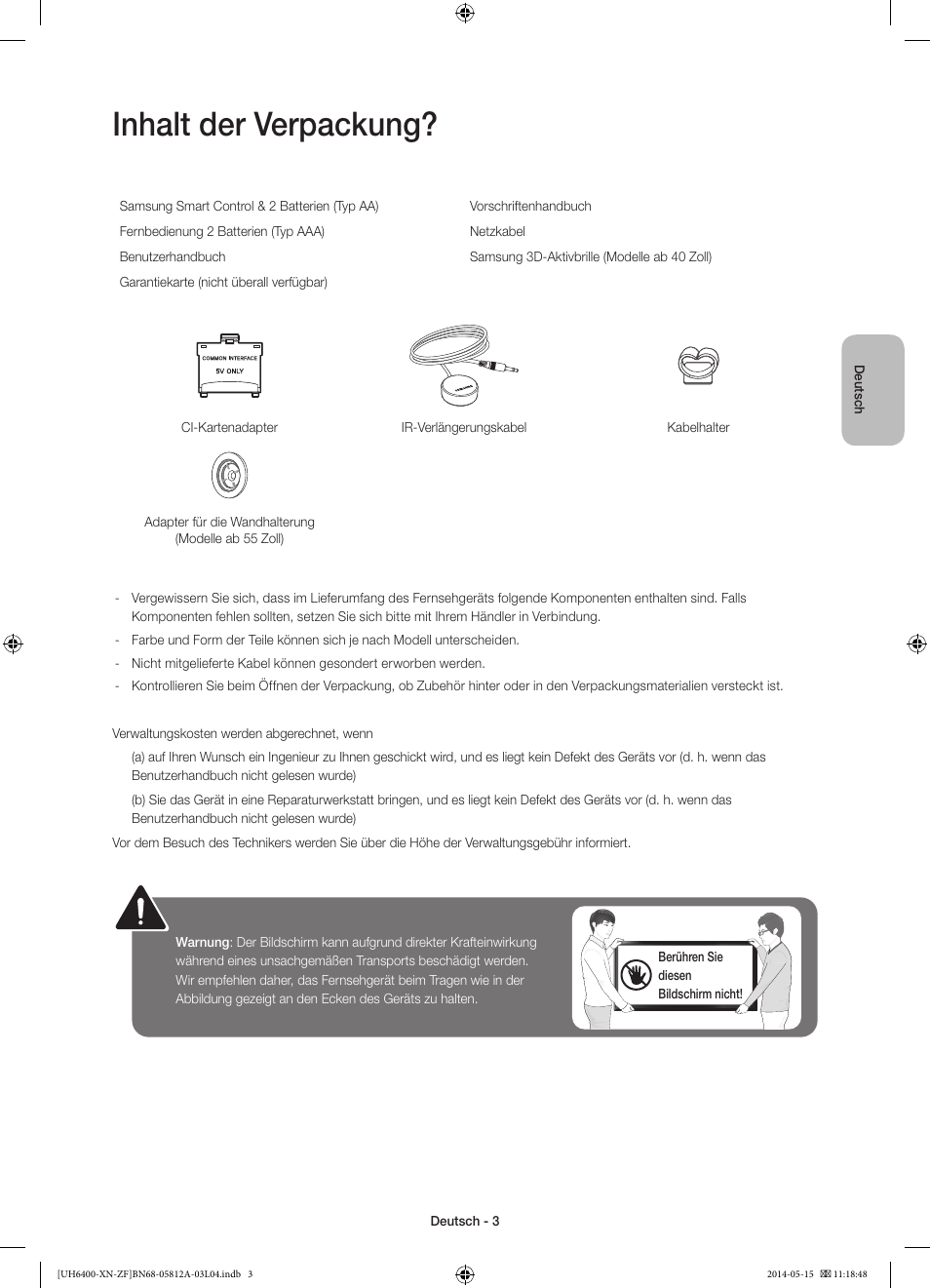 Inhalt der verpackung | Samsung UE65H6400AW User Manual | Page 47 / 89