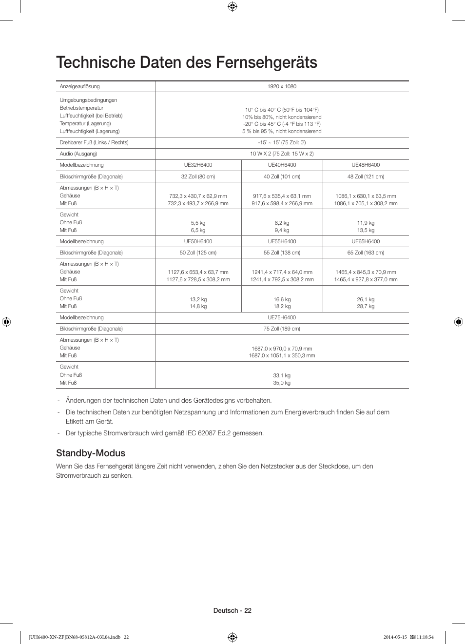 Technische daten des fernsehgeräts, Standby-modus | Samsung UE65H6400AW User Manual | Page 66 / 89