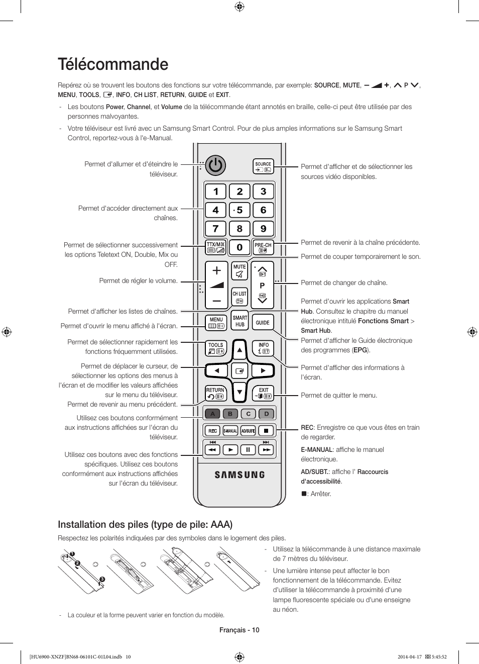 Télécommande, Installation des piles (type de pile: aaa) | Samsung UE50HU6900S User Manual | Page 34 / 97